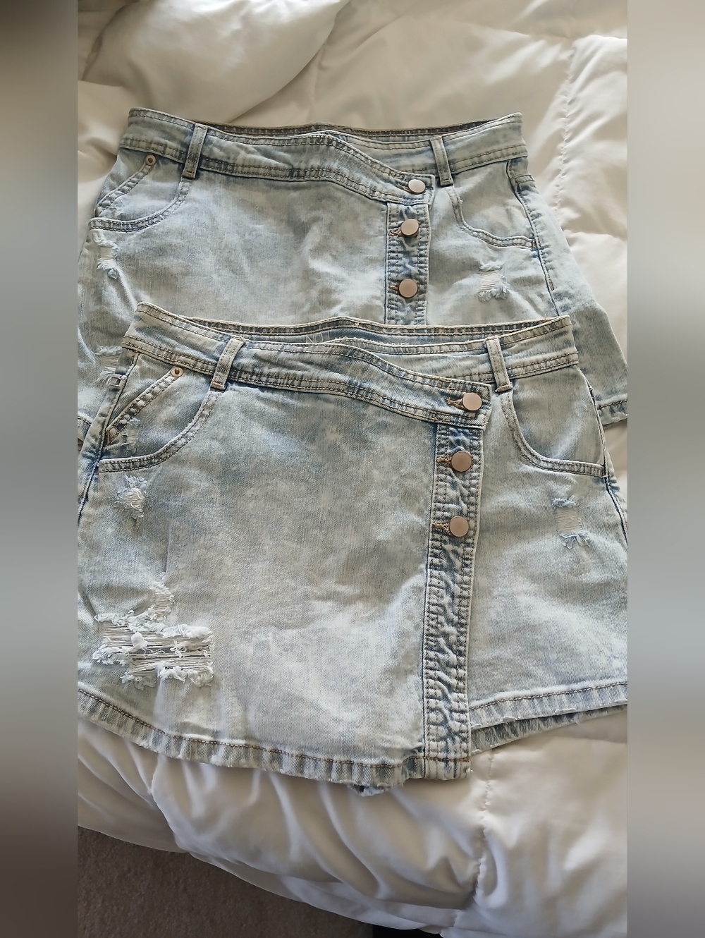 Pair Light Wash Distressed Denim Short Front Flap
